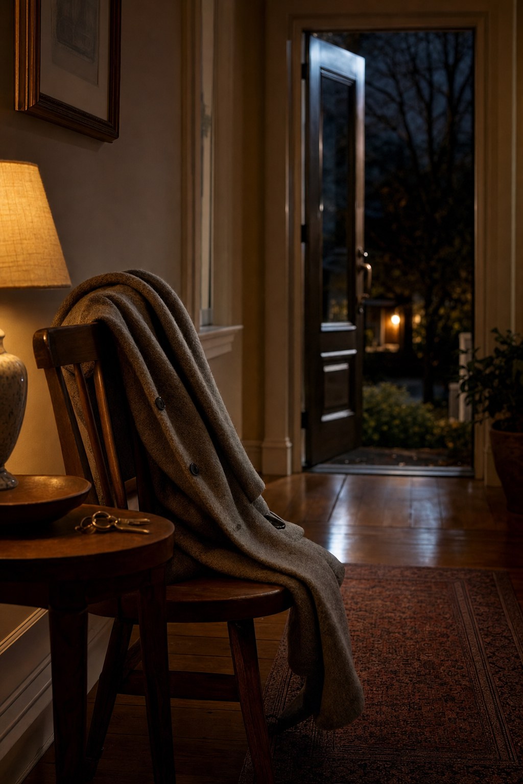 Coat and keys near an open doorway at evening