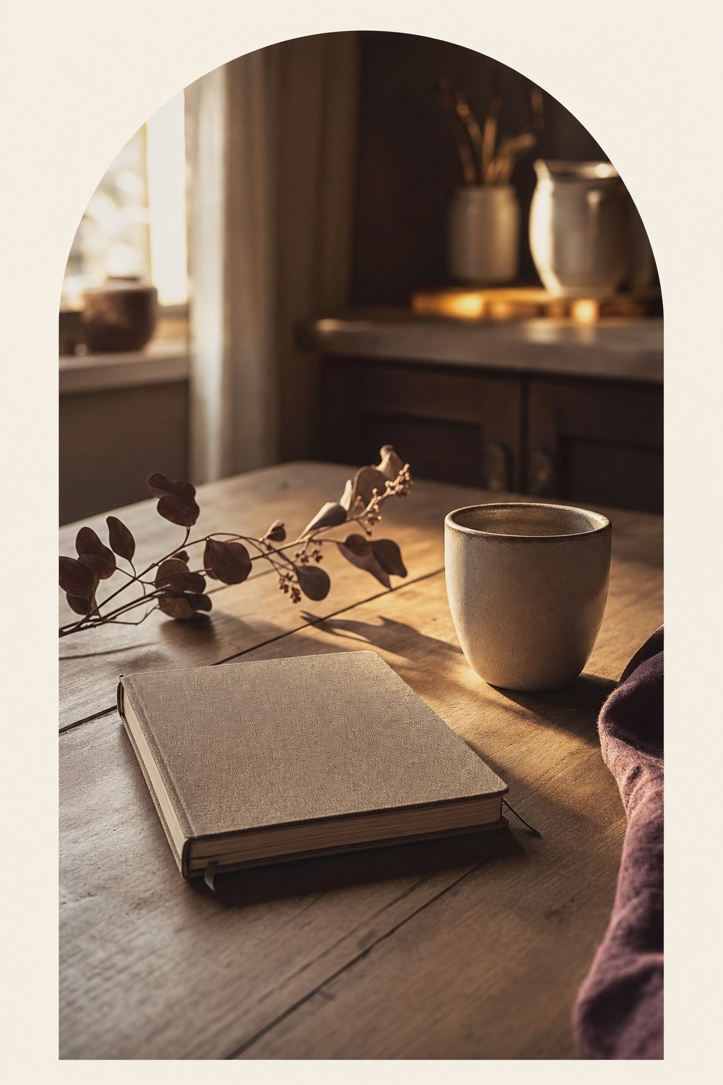 Notebook and tea on a kitchen table for quiet reflection