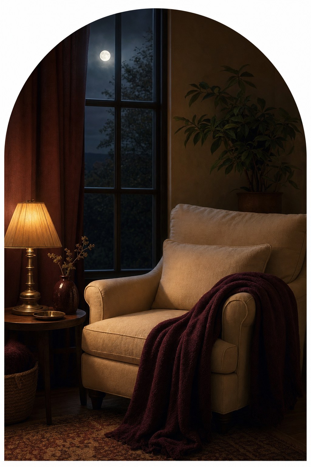 Quiet reading nook with an armchair and plum throw