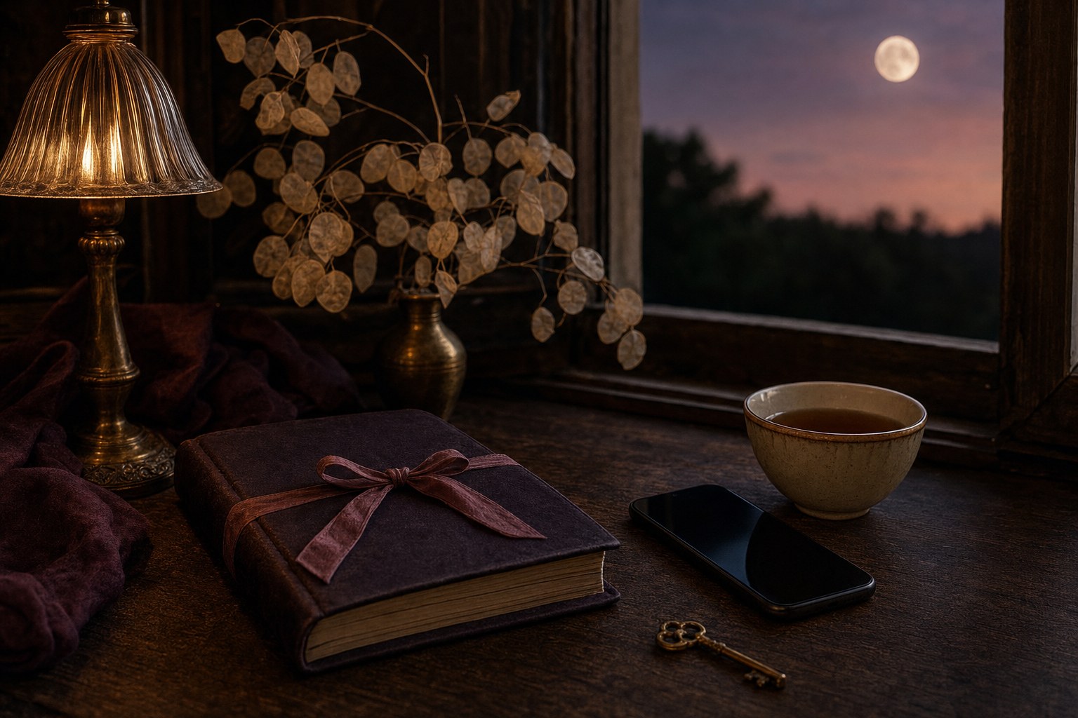 Closed journal, phone, tea, and brass key beside an open window at dusk
