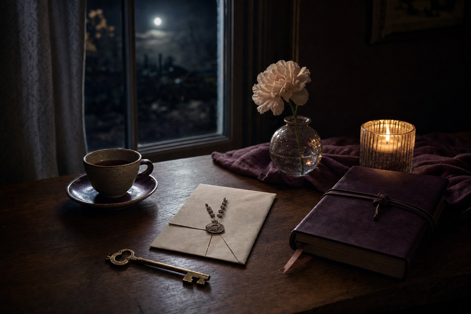 Sealed letter, journal, tea, and brass key in a moonlit room