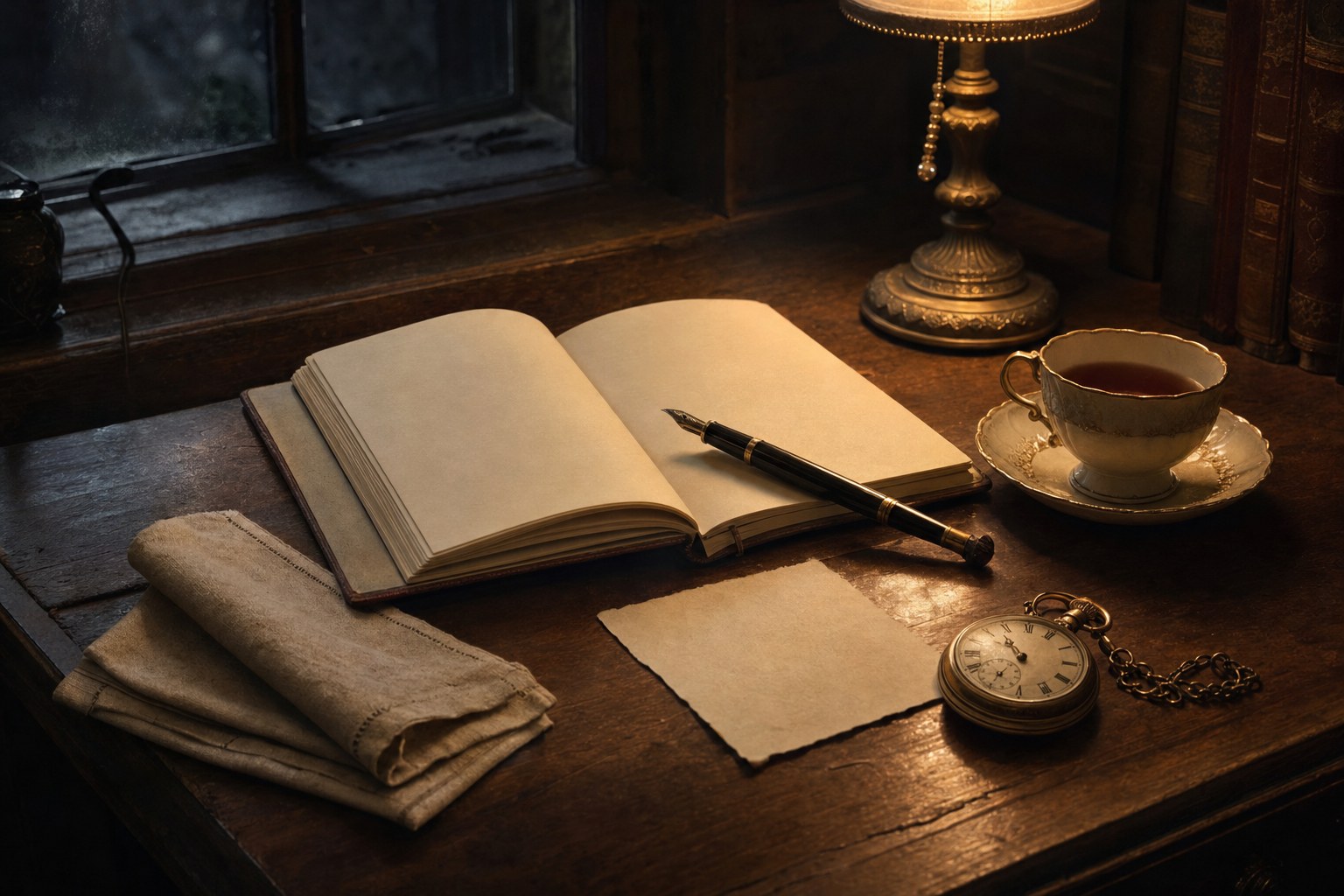 Open journal and fountain pen beside tea and a pocket watch on a quiet desk