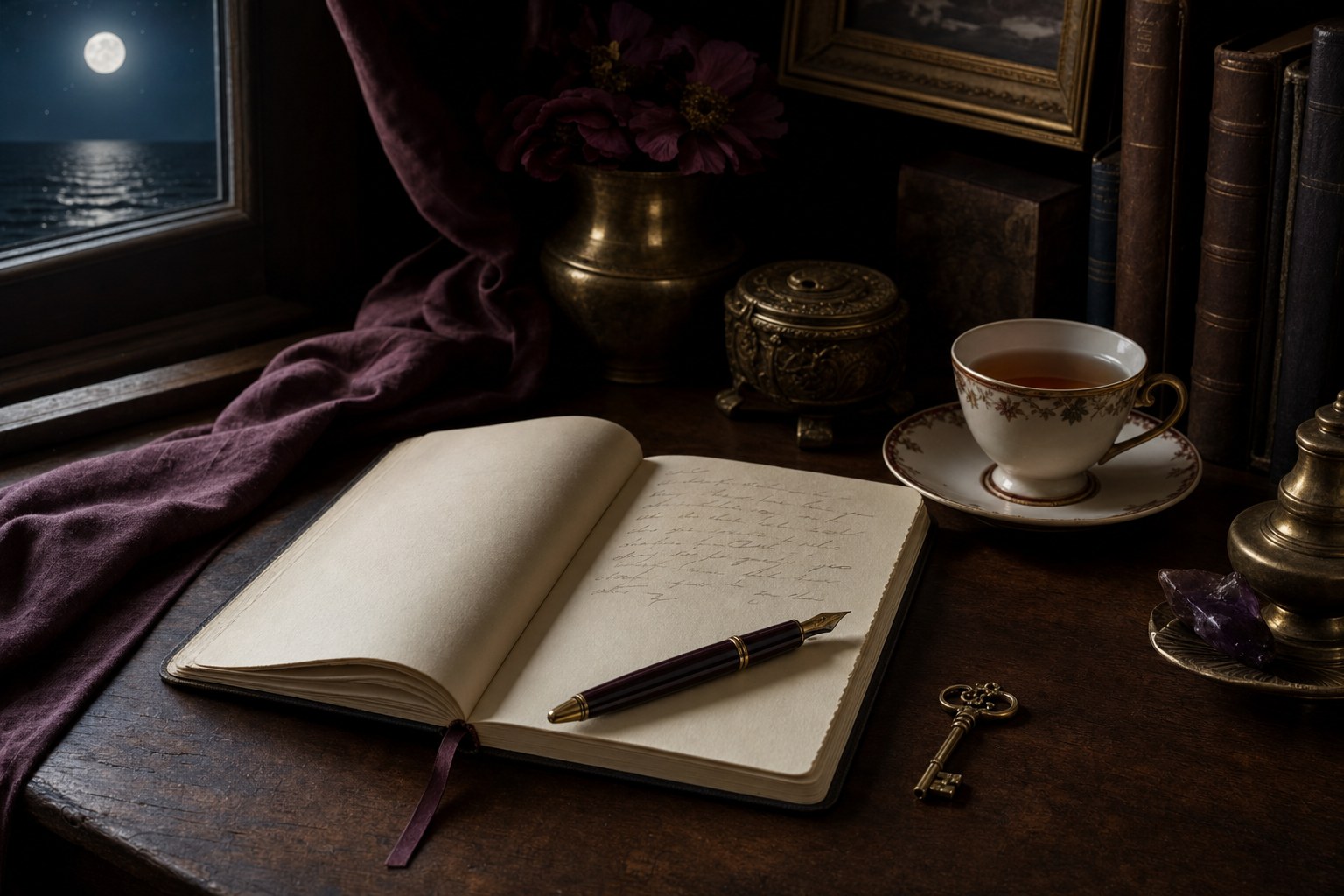 Open notebook, tea, fountain pen, and brass key on a moonlit writing desk