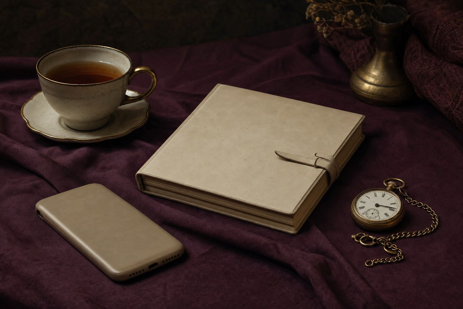 Turned-over phone, closed notebook, tea, and pocket watch on deep plum cloth