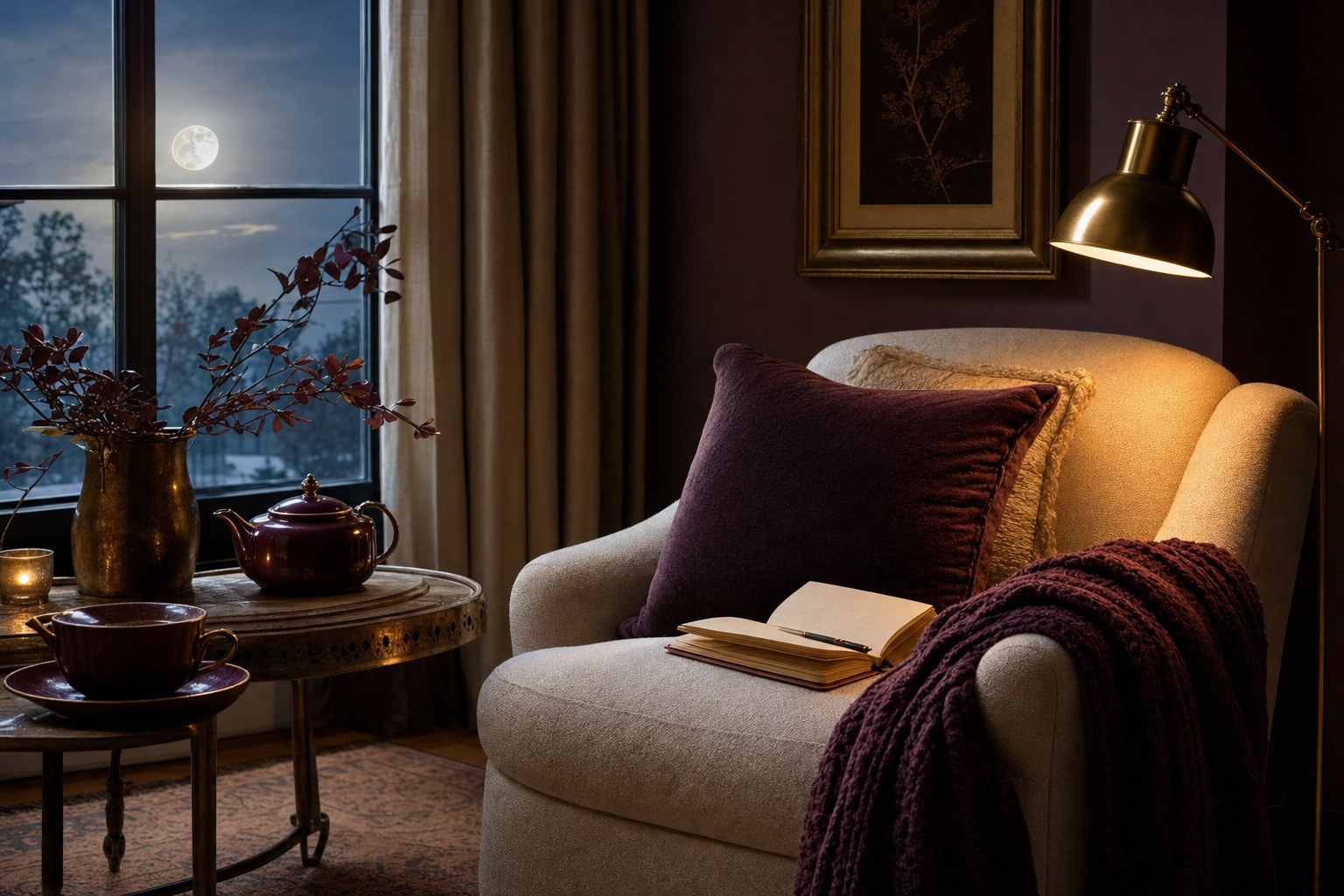 Cream armchair with a plum throw, open journal, tea, and brass lamp in a quiet evening room