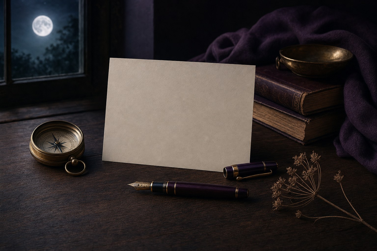 Blank cream card, fountain pen, brass compass, and dried botanical stem on a dark wood table