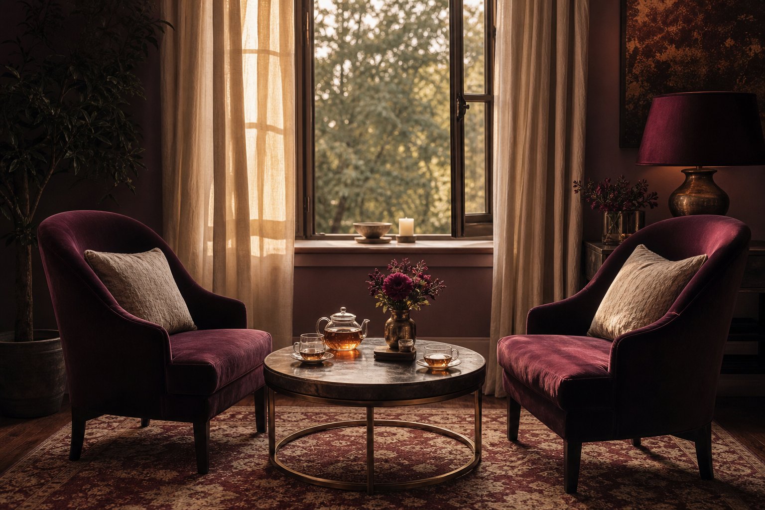 Two chairs facing one another with tea prepared for a calm conversation
