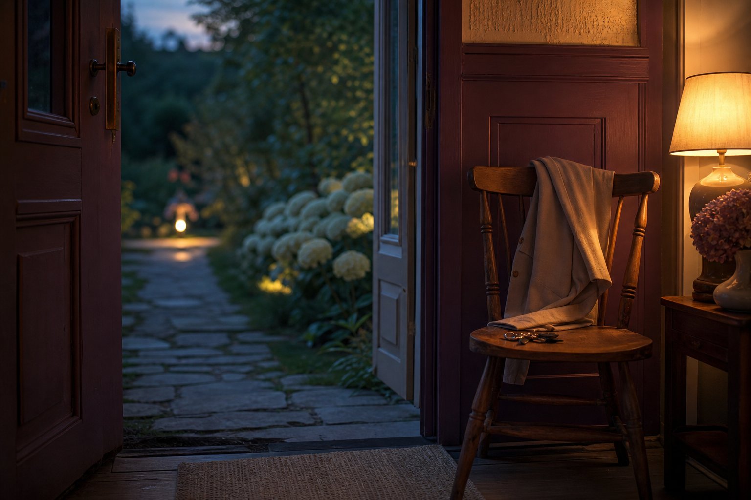 Open doorway and garden path at dusk, with a coat and keys resting on a chair