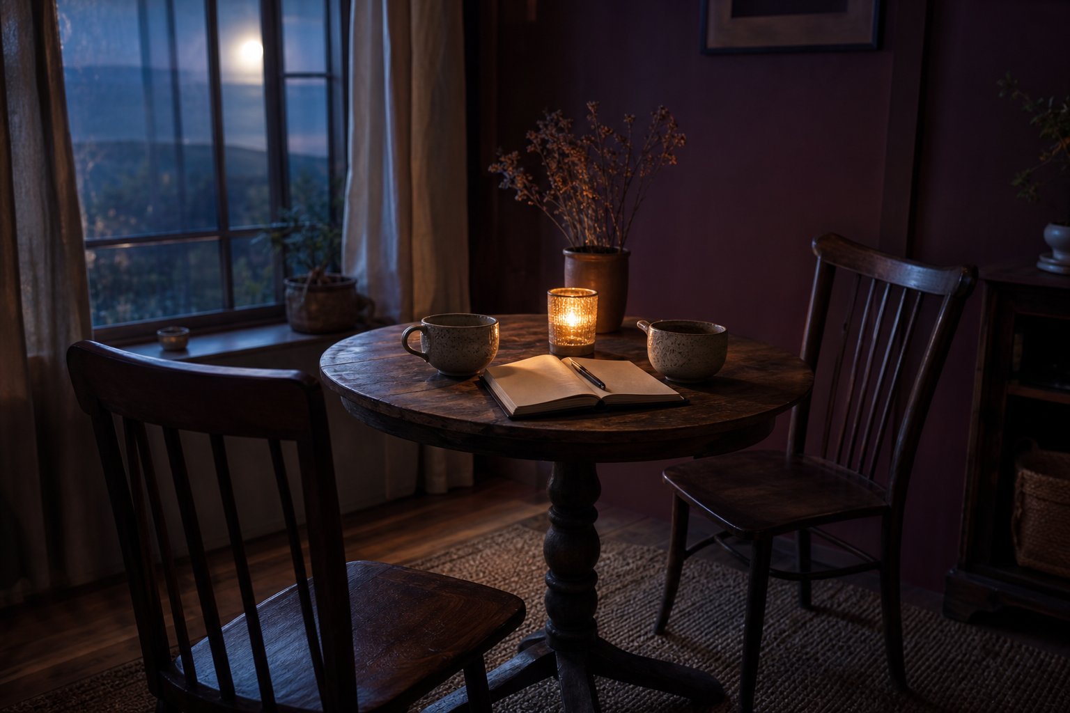 Two cups and an open journal on a table ready for an honest conversation