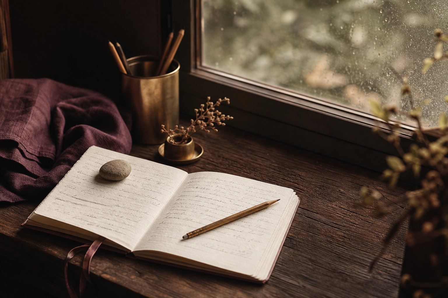 Open journal, pencil, and stone beside a softly lit window