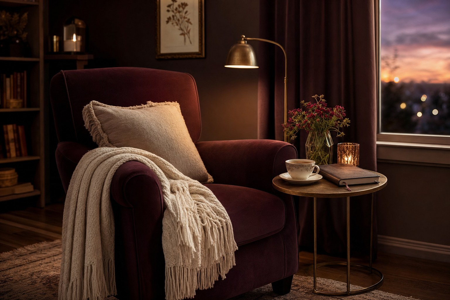 Comfortable plum armchair, tea, and journal in a quiet evening room
