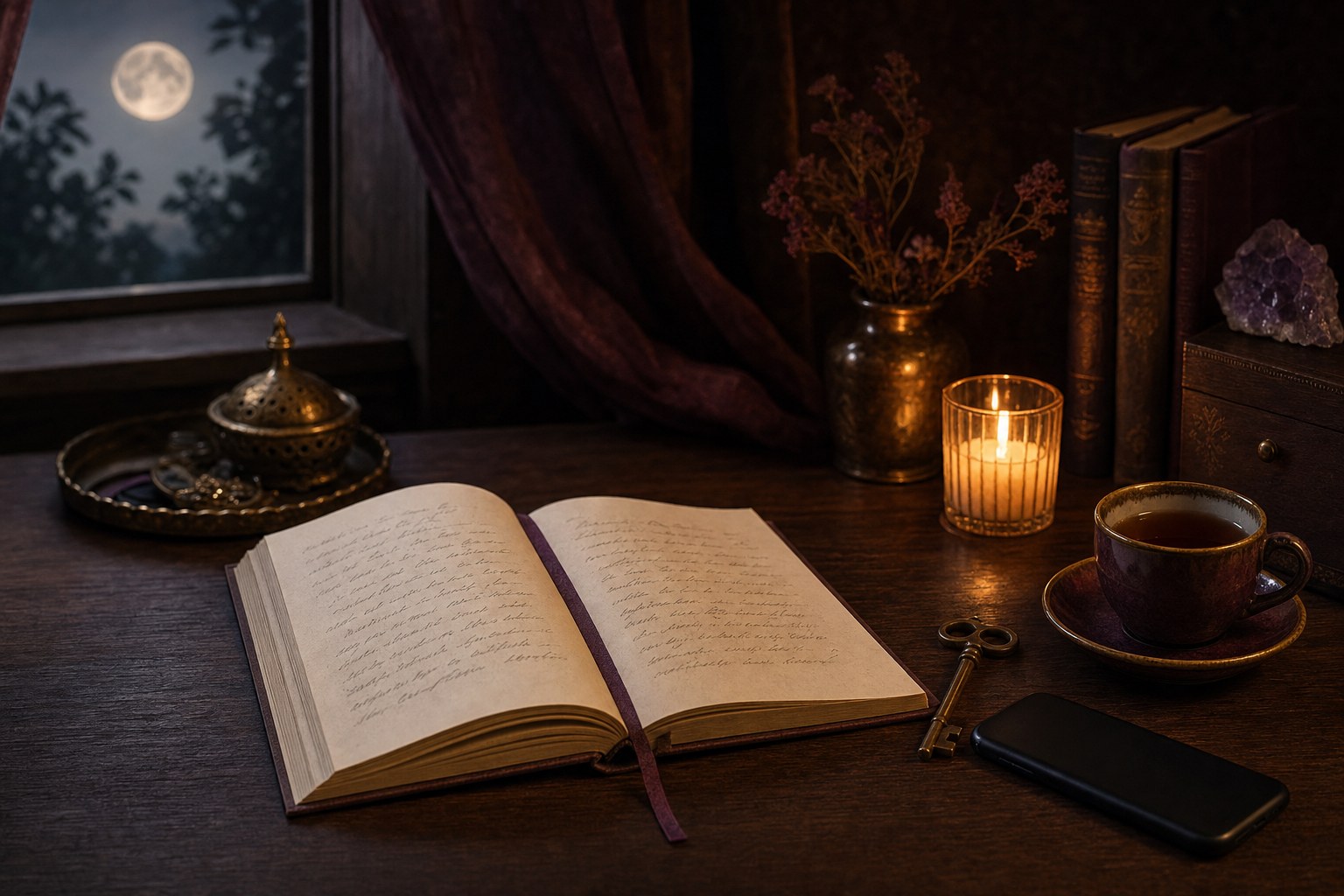 Journal, tea, brass key, and phone on a moonlit writing desk