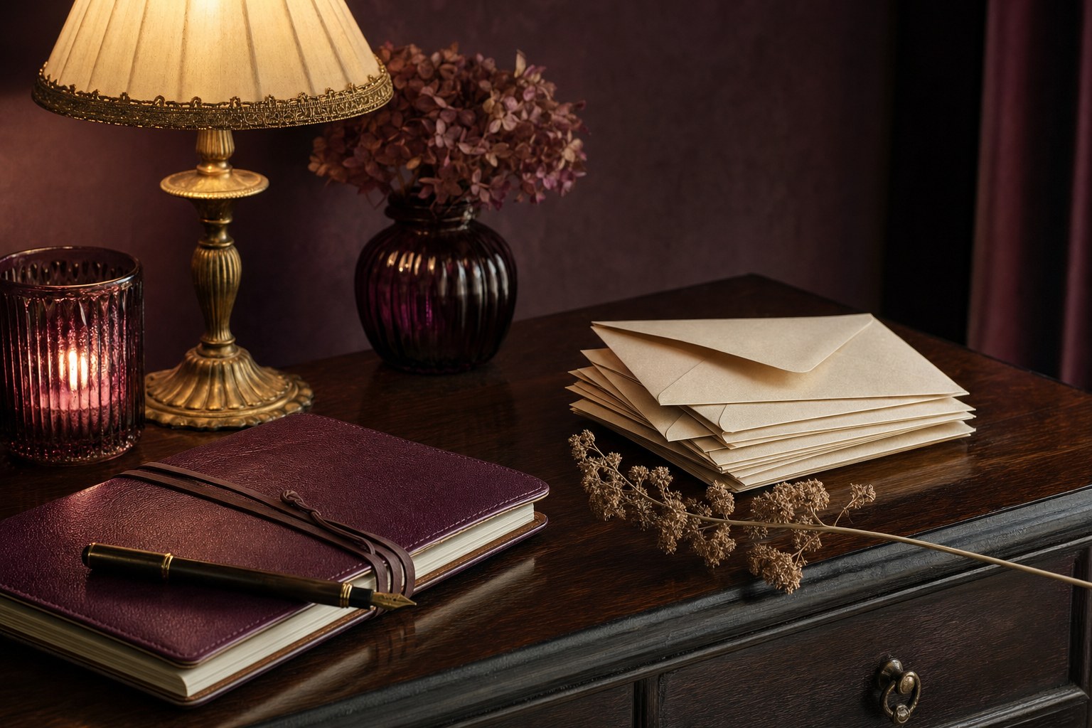 Unopened envelopes, journal, and dried flowers on a warm writing desk