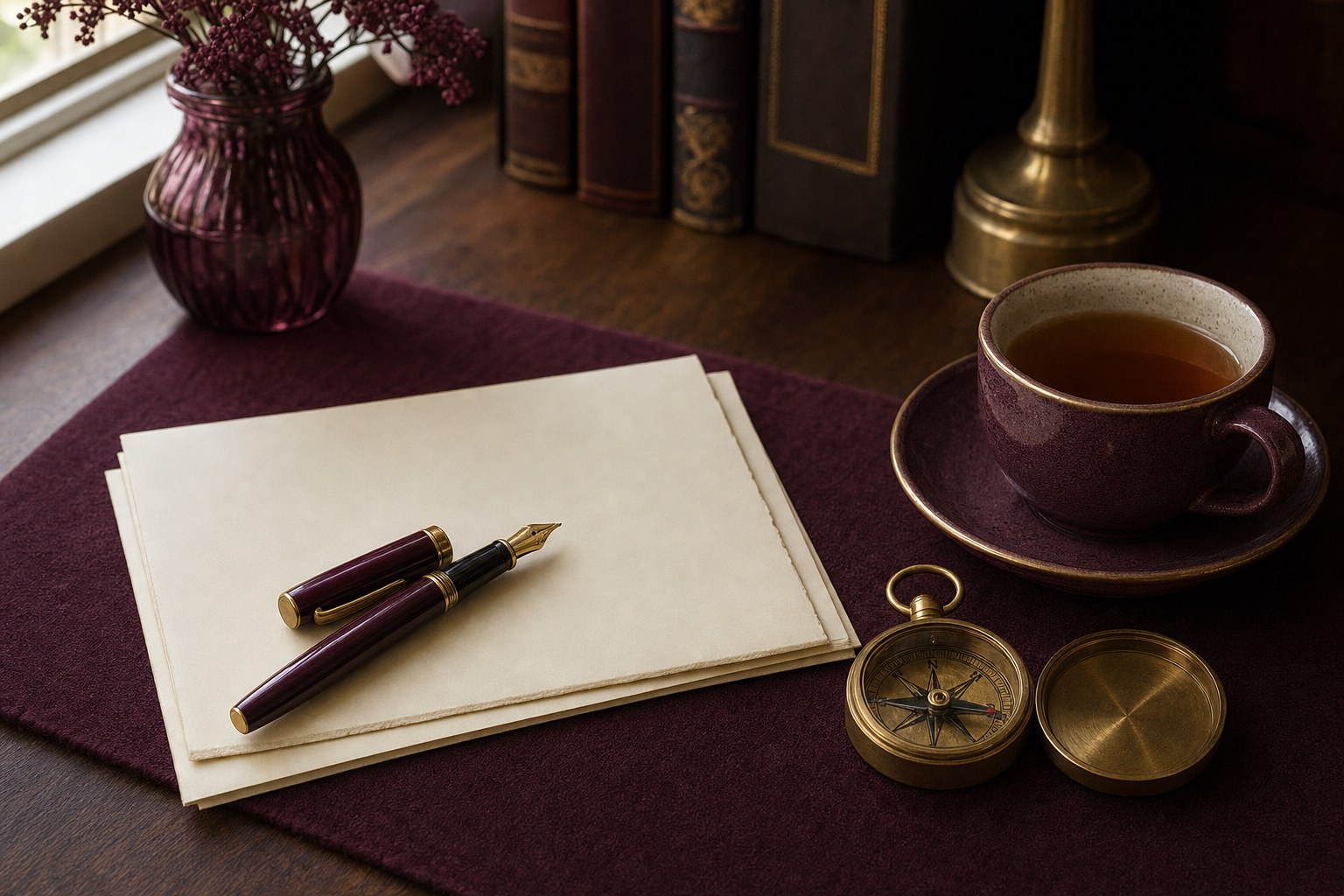 Fountain pen, blank paper, tea, and brass compass on a plum cloth