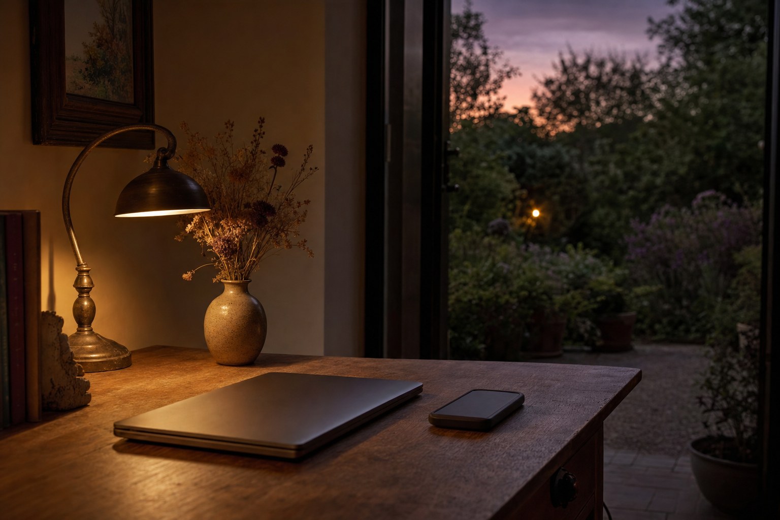 Closed laptop and phone beside dried flowers near an open door at dusk