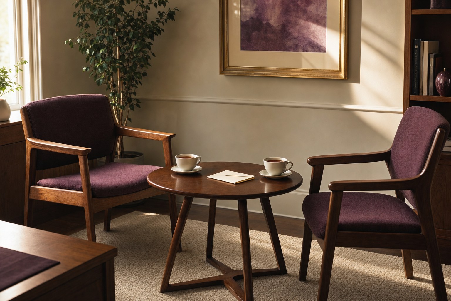 Two chairs and cups of tea arranged for a calm conversation in an office