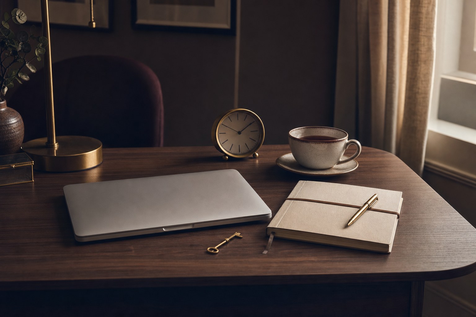 Closed laptop, clock, planner, tea, and brass key on a walnut desk