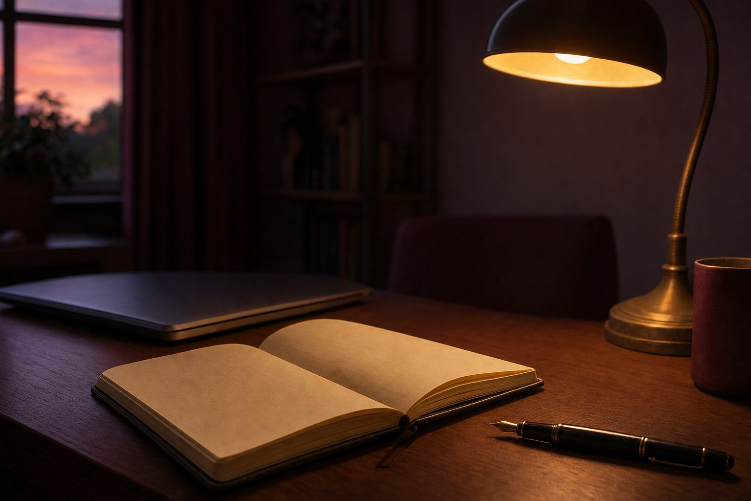 Open notebook, fountain pen, desk lamp, and closed laptop in a quiet workspace