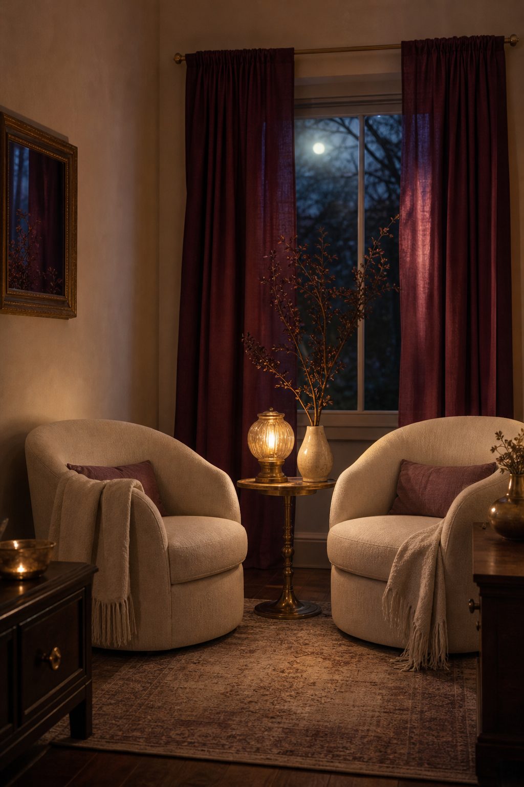 Two comfortable chairs beside a warm lamp, ready for a quiet conversation