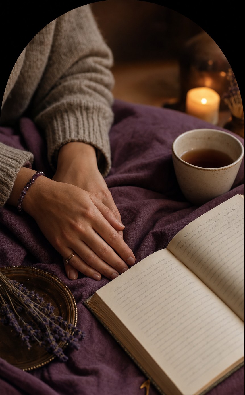Journal, tea, and candle prepared for a quiet reflective moment
