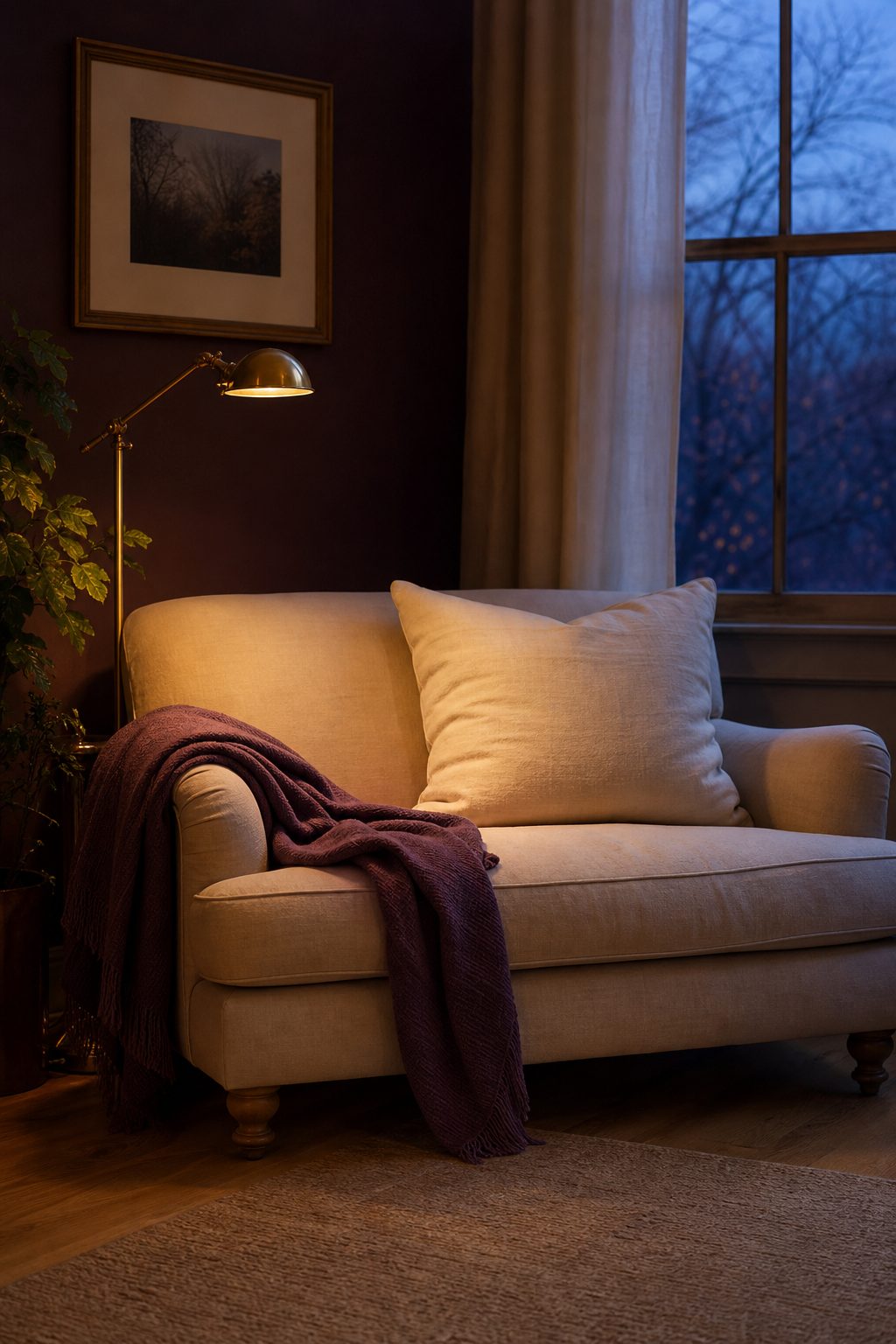 A comfortable sofa with a cream cushion and plum blanket, prepared for a quiet hour at home