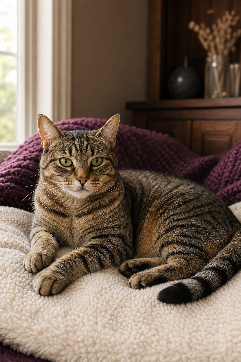 A relaxed tabby cat resting on a cream blanket at home