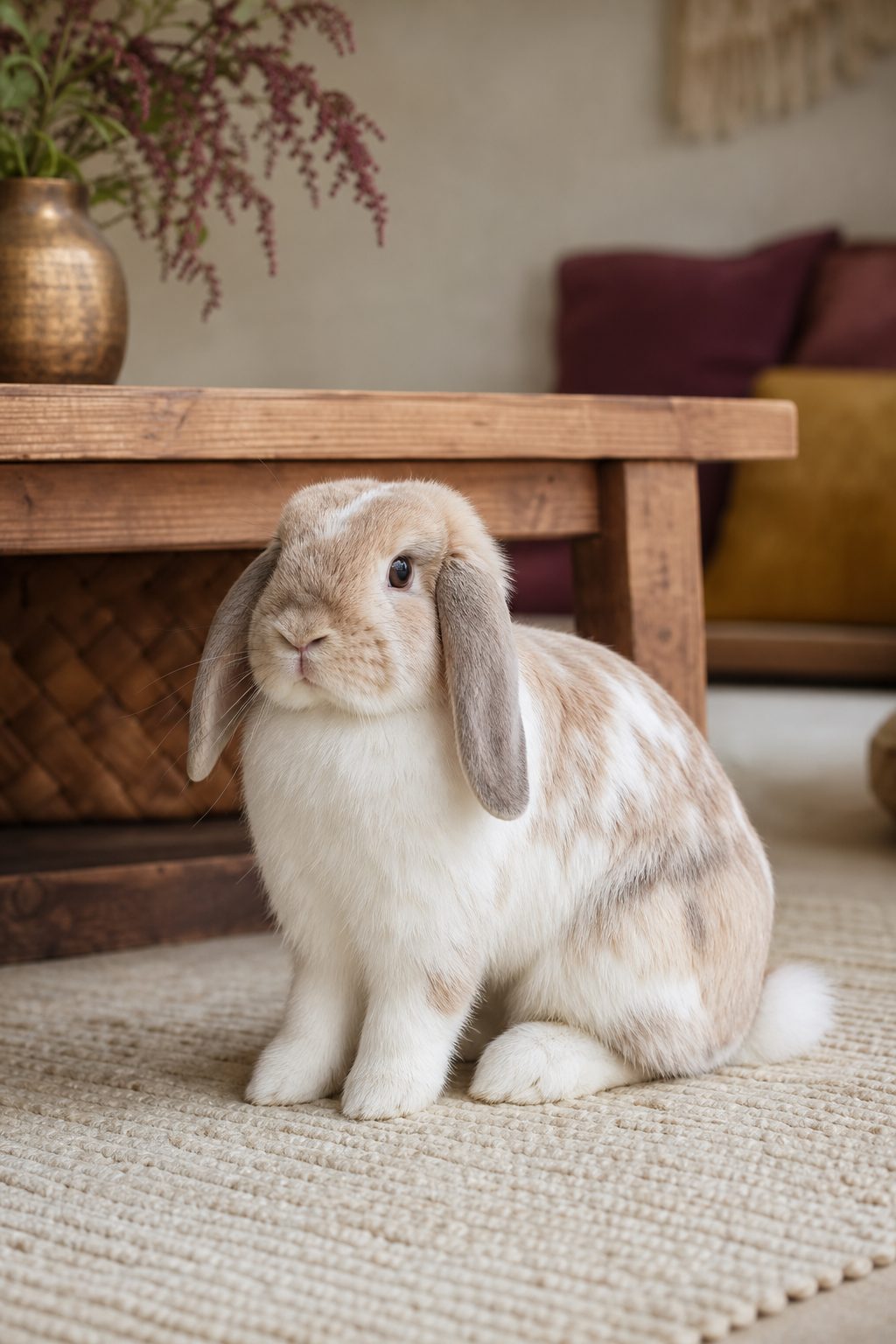 A lop-eared rabbit sitting comfortably on a cream rug at home