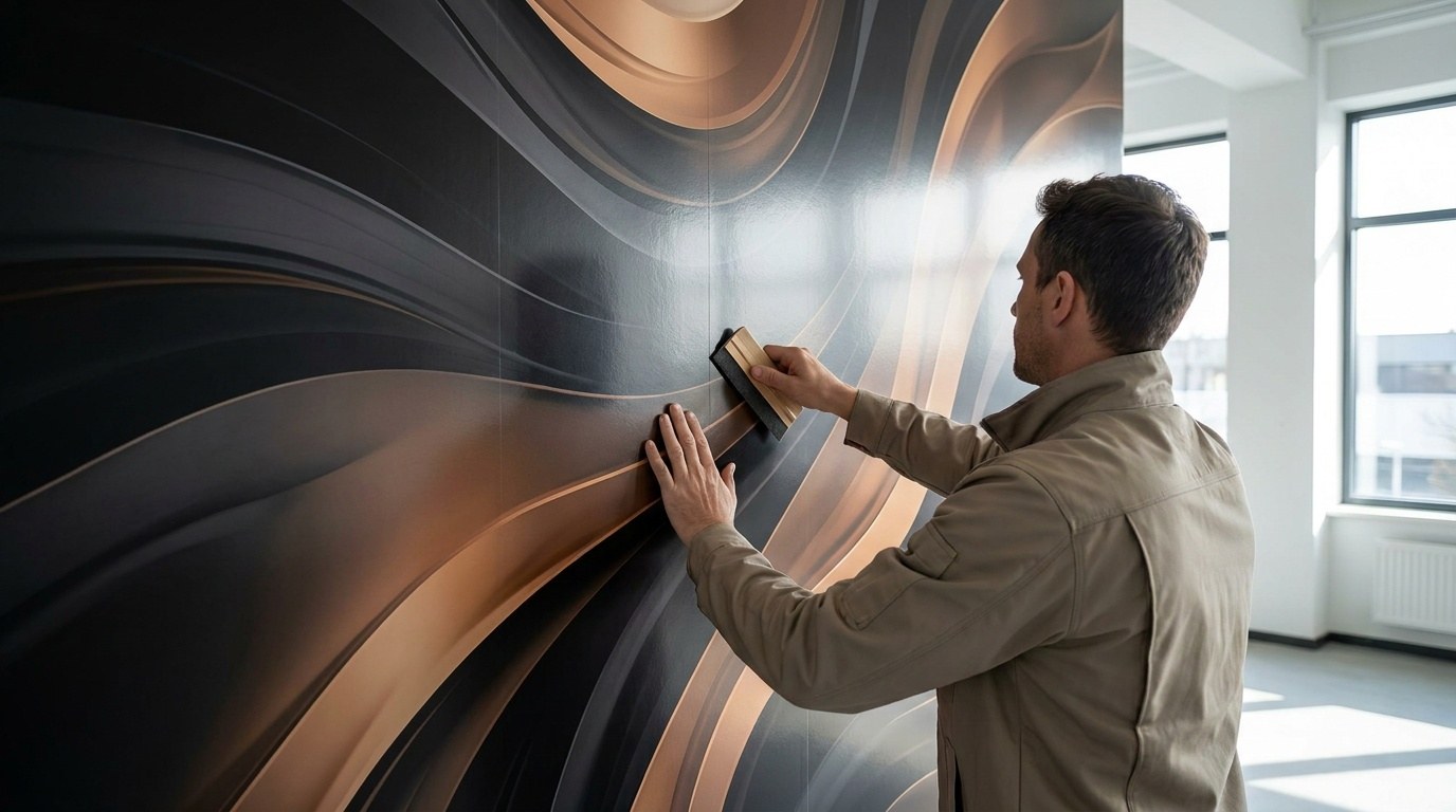 Graphics installer working carefully on a vehicle surface