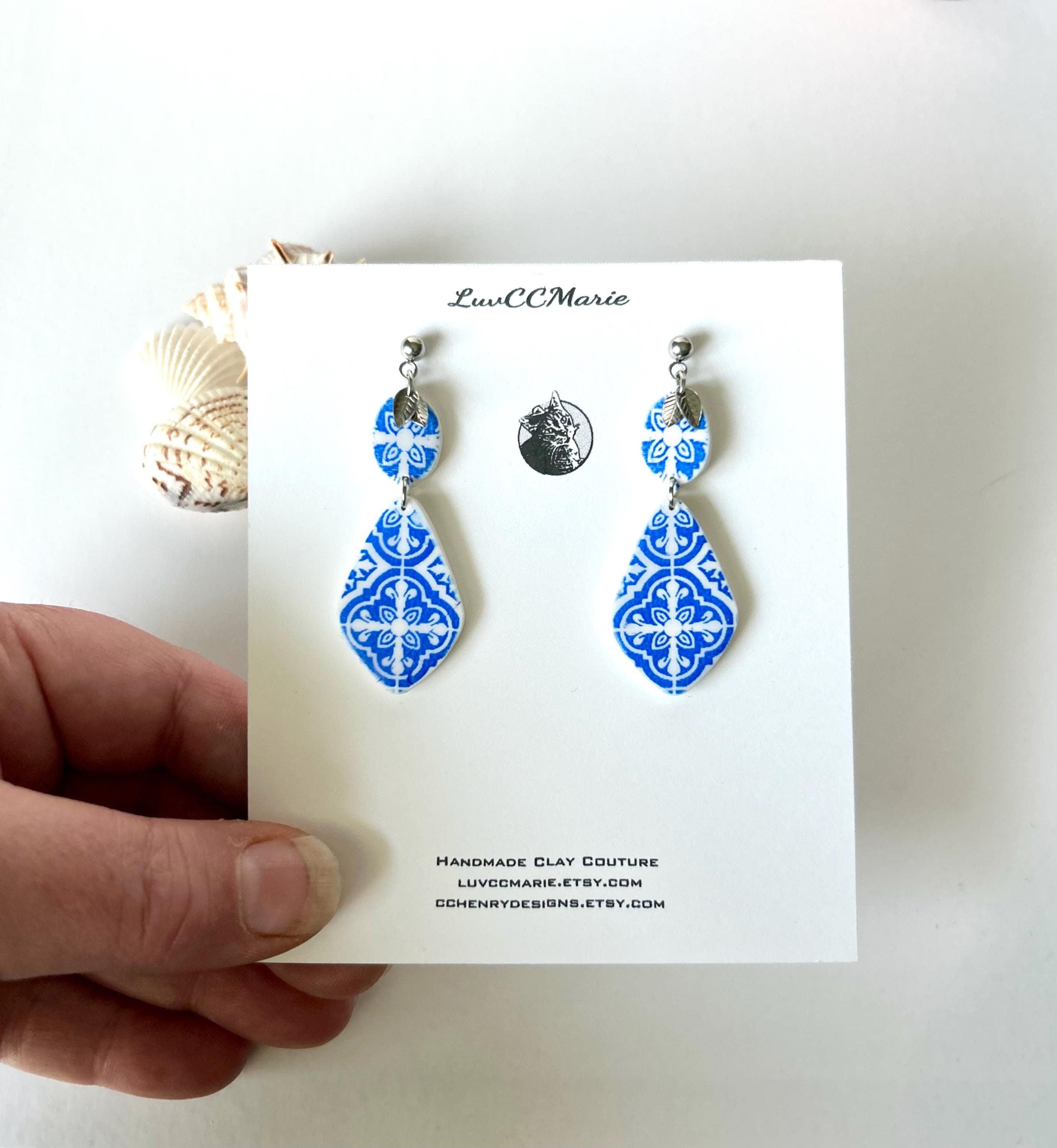 Santorini Earrings, Cobalt Blue Tile Dangles, Handmade Clay Boho Jewelry