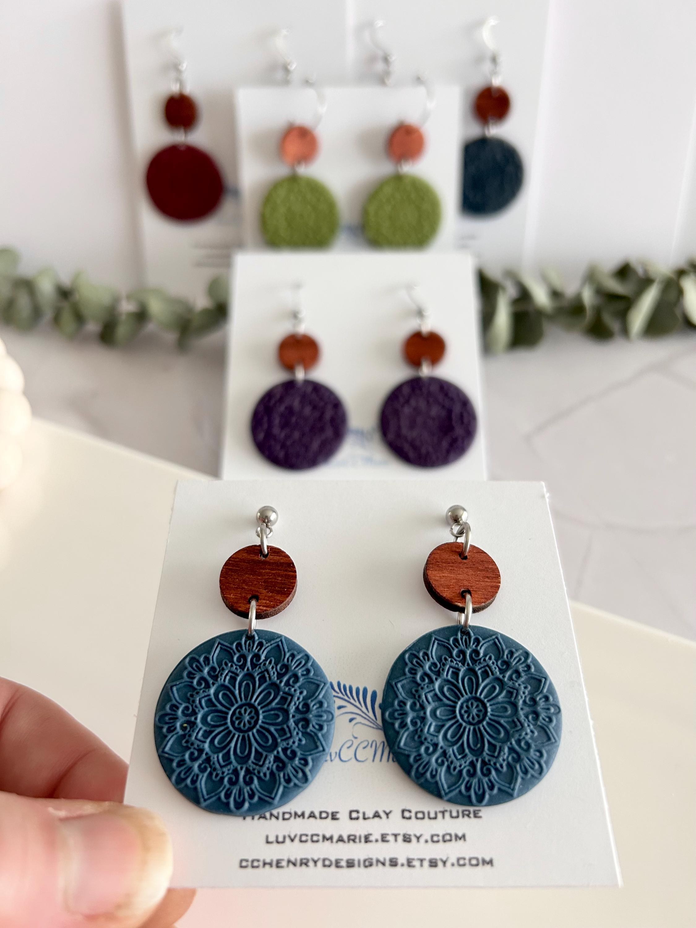 Blue and walnut wood polymer clay mandala dangle earrings