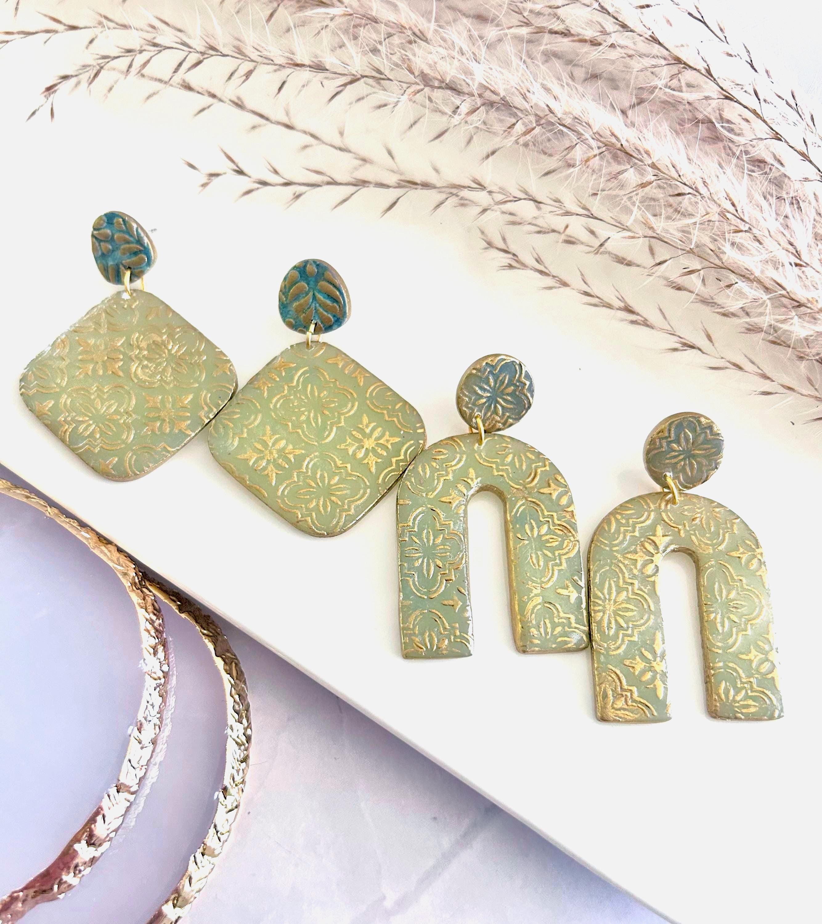 Gold & Sage Drop Studs, Santorini Earrings, Statement Arches, Holiday Jewelry