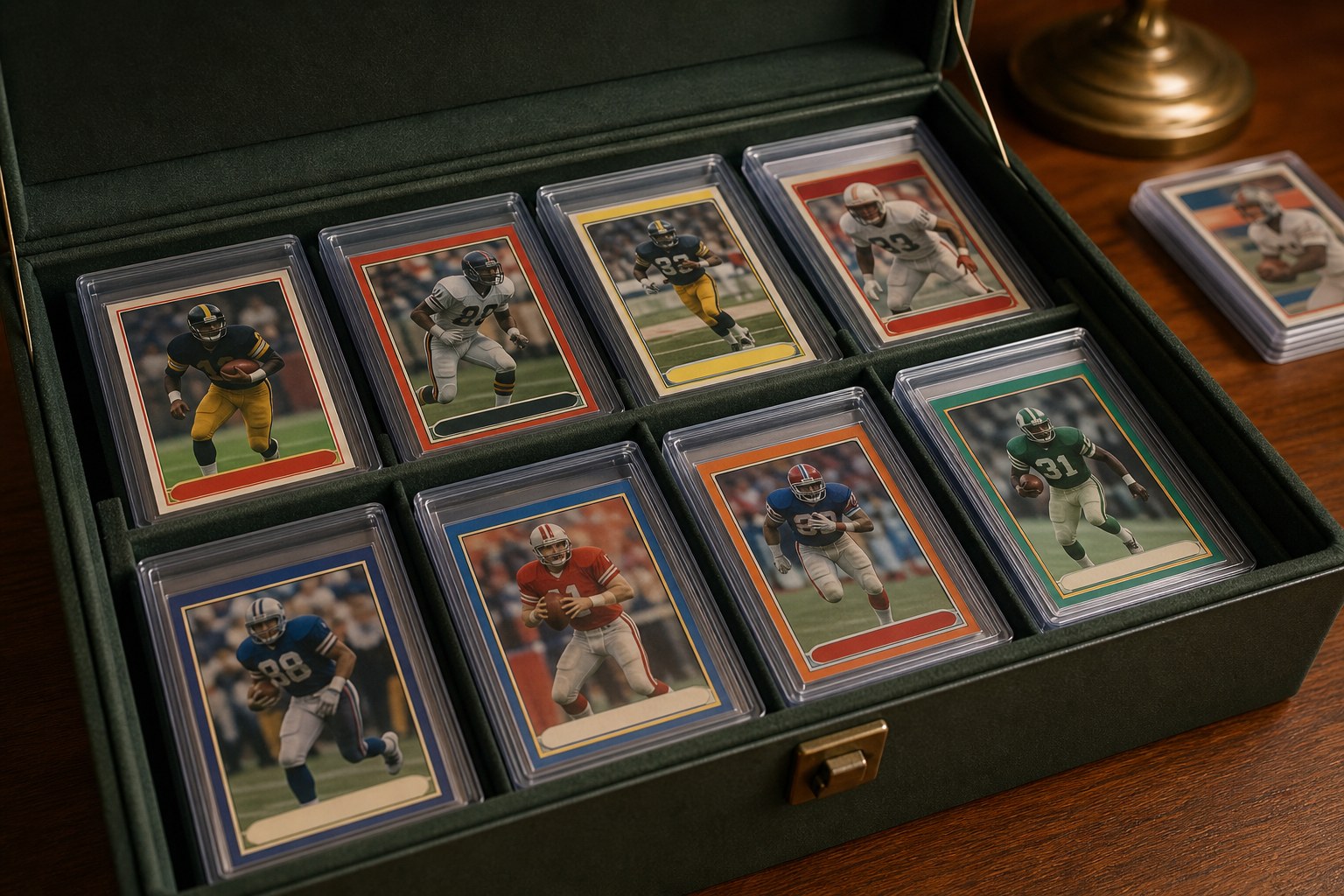 Football cards stored in clear protective holders inside a fitted case