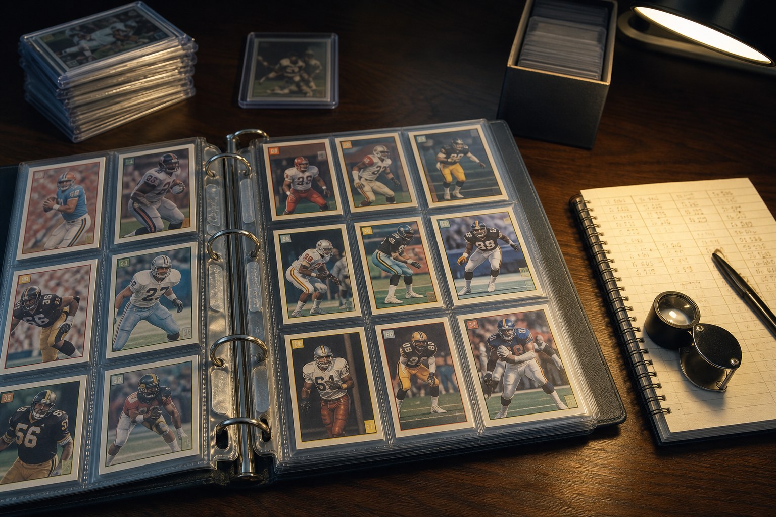 Football cards in protective pages beside a collector notebook and loupe