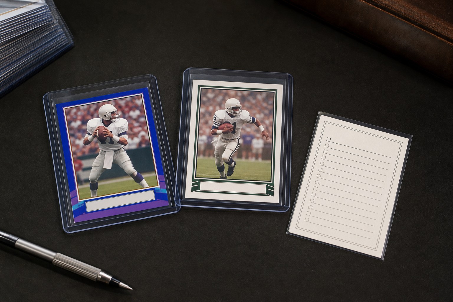 Two football cards in protective holders with different border designs