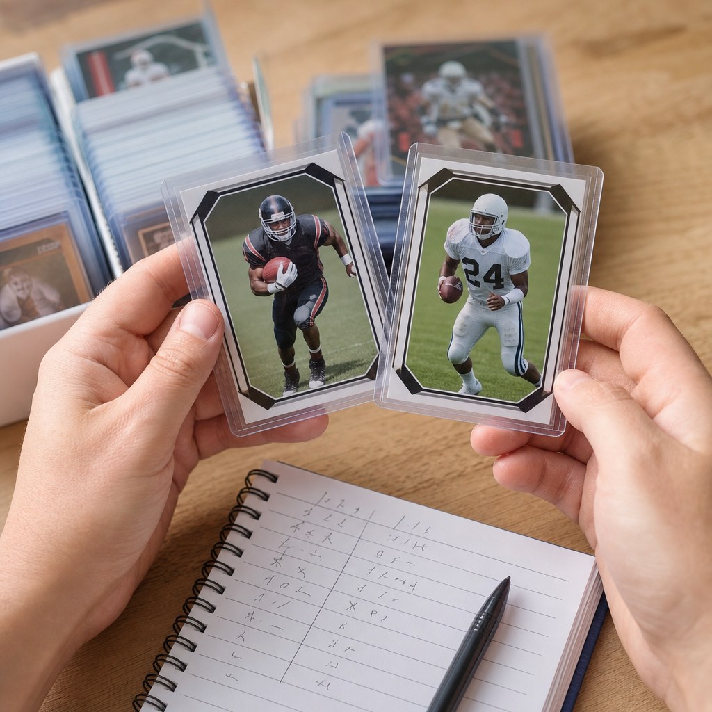 Collector comparing two football cards in protective holders
