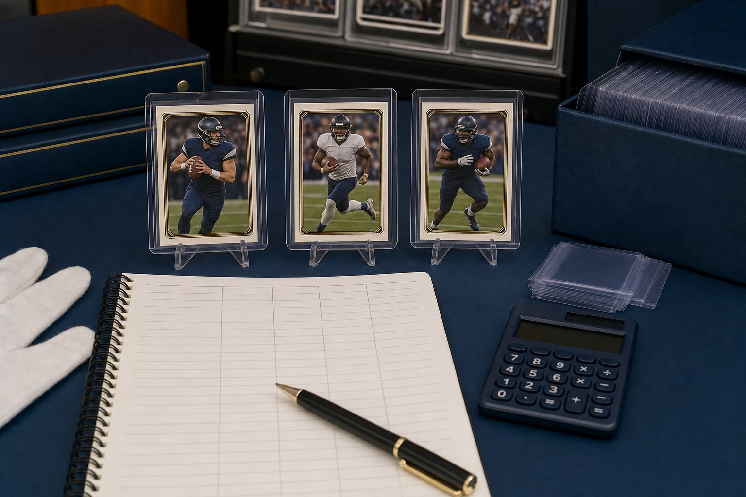 Football cards in clear holders beside a blank comparison notebook and calculator
