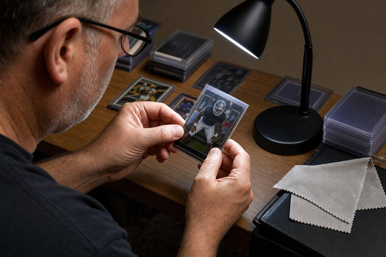 Collector inspecting a football card under a desk lamp