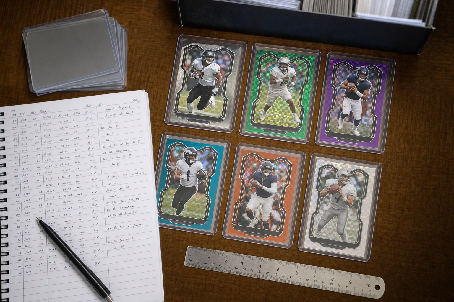 Football cards arranged beside a collector's inventory notebook and ruler