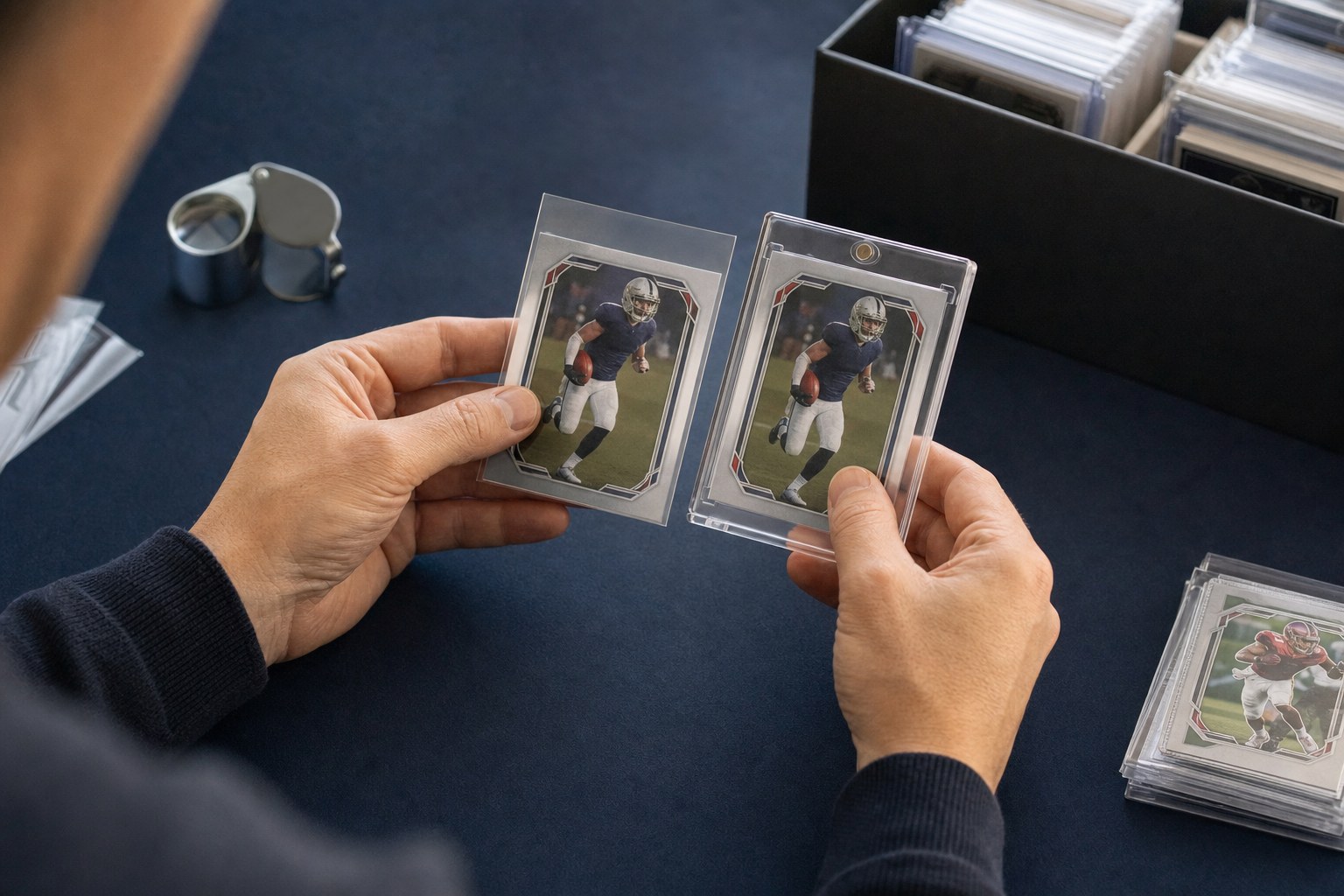 Collector comparing two football cards in protective holders