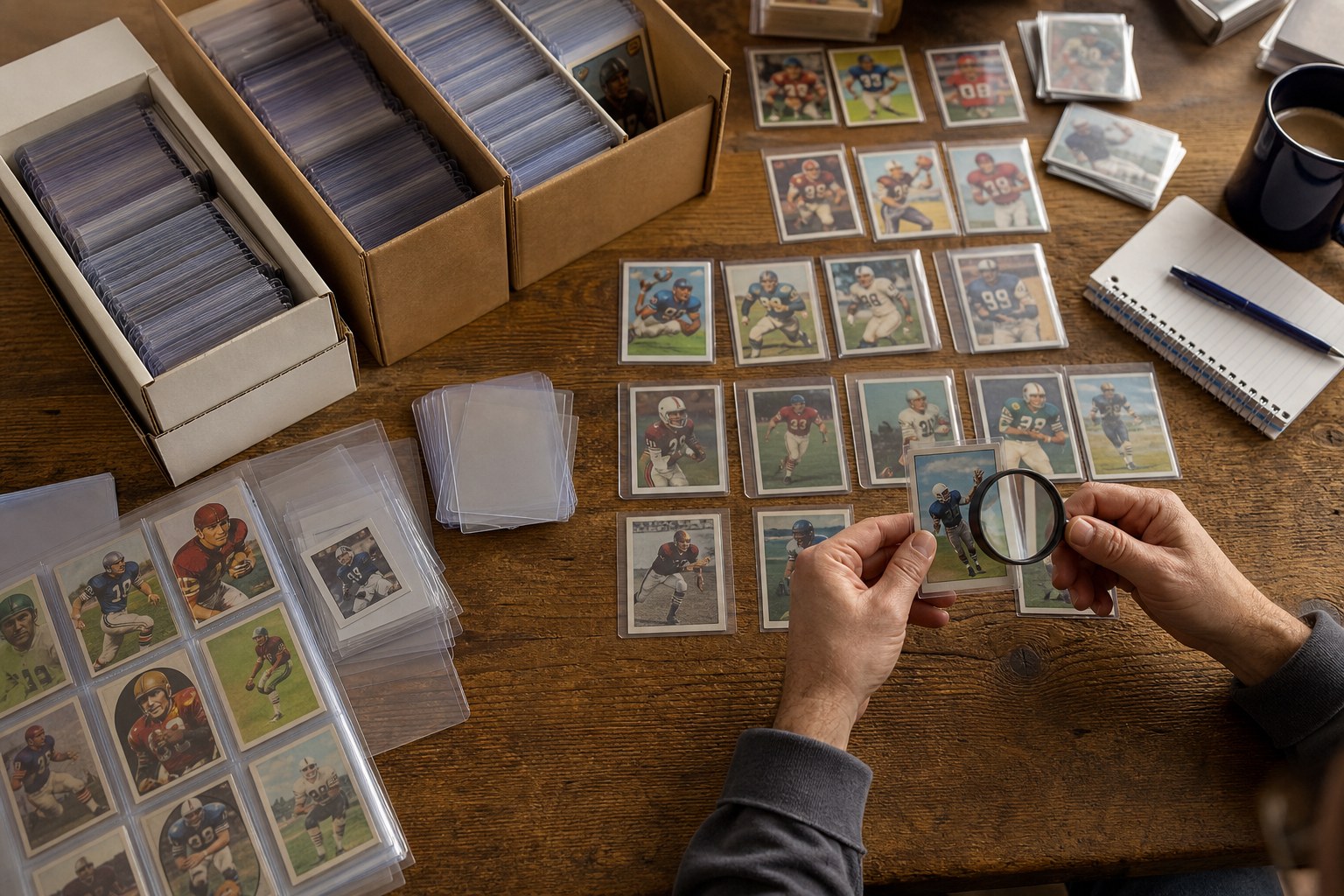 Collector sorting older football cards at a table