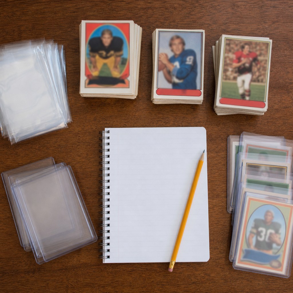 Older football cards organized into separate stacks beside a blank notebook