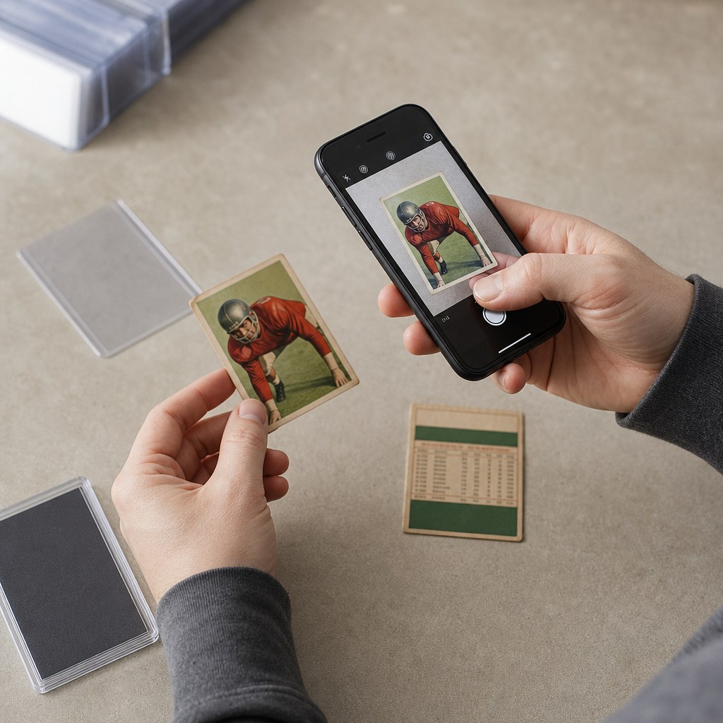 Collector taking a clear phone photo of an older football card