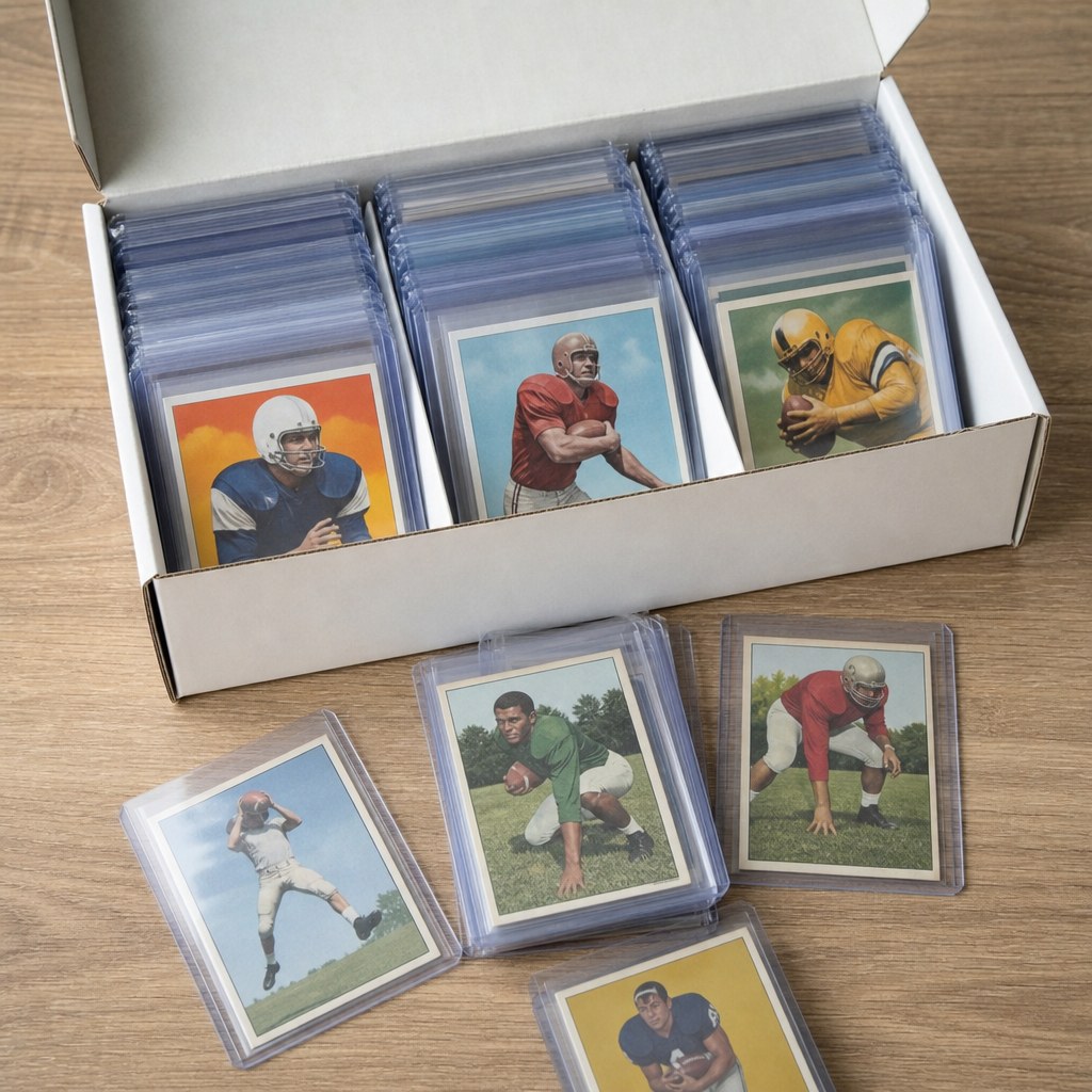 Older football cards protected in sleeves and rigid holders inside a storage box