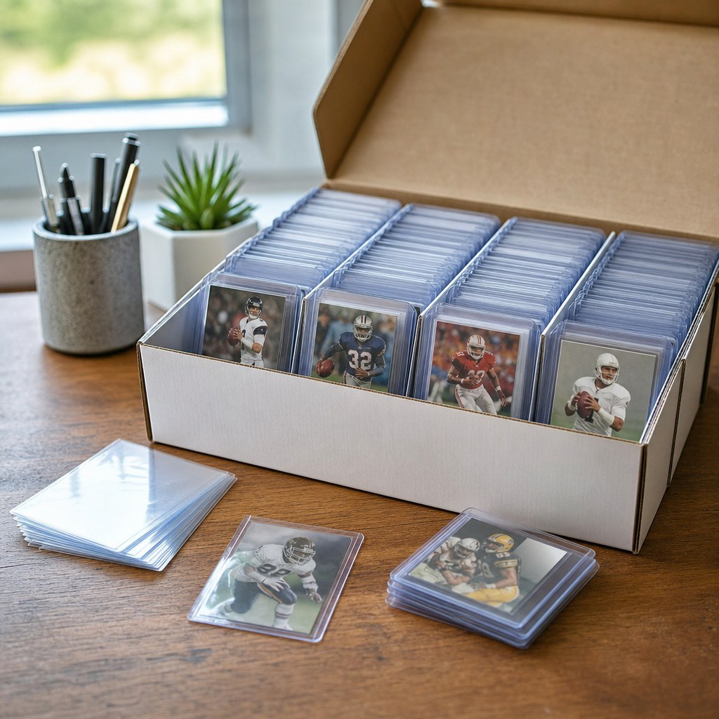 Football cards protected in sleeves and rigid holders in a storage box