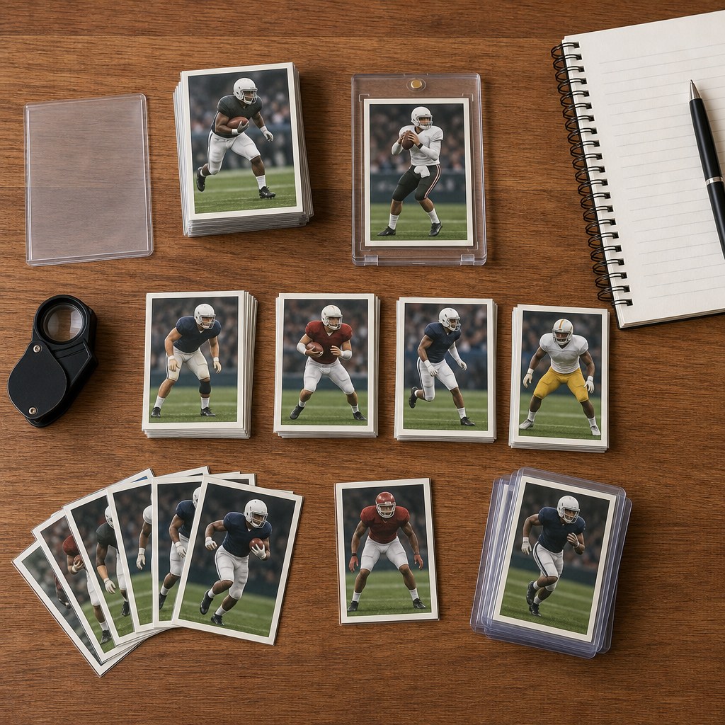 Collector sorting football cards into groups on a wood desk