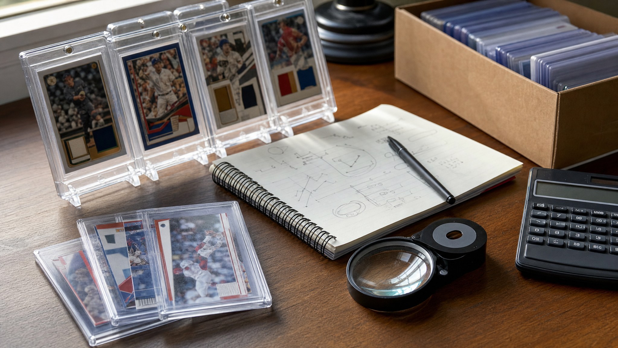 Sports cards in clear holders beside a collector notebook and magnifying loupe
