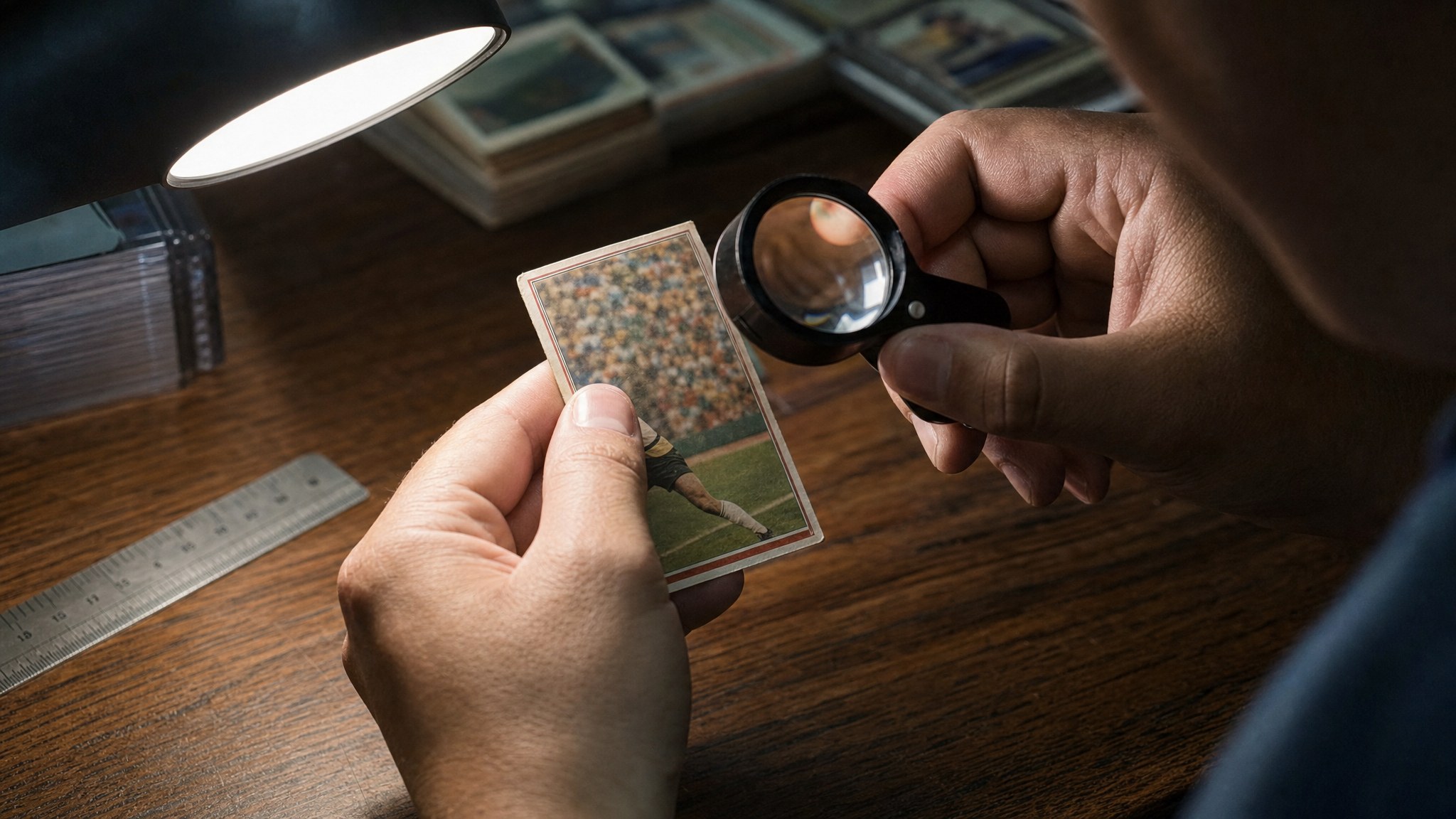 Collector examining the corner and surface of a sports card under a desk light