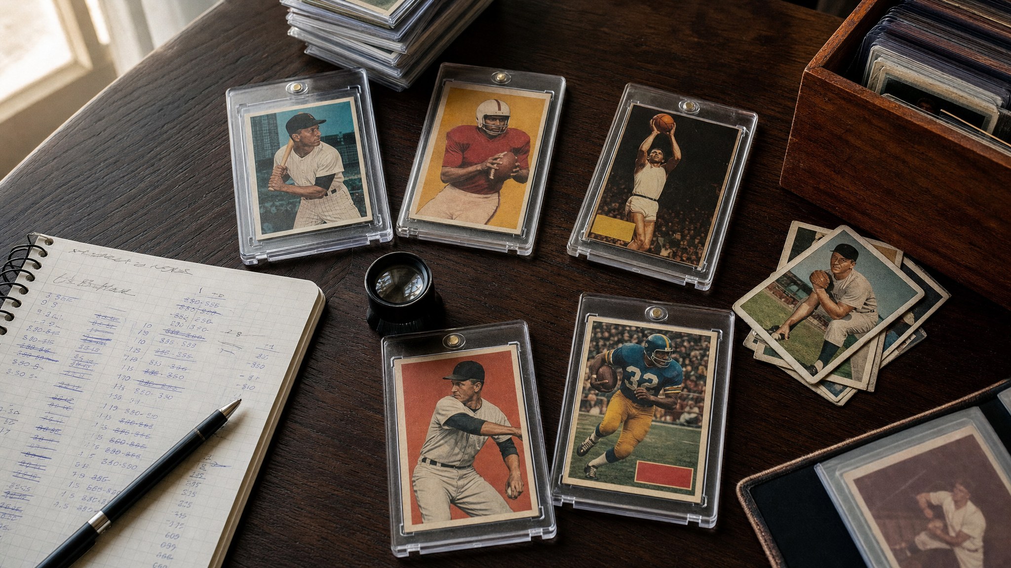 Sports trading cards in protective holders on a collector desk
