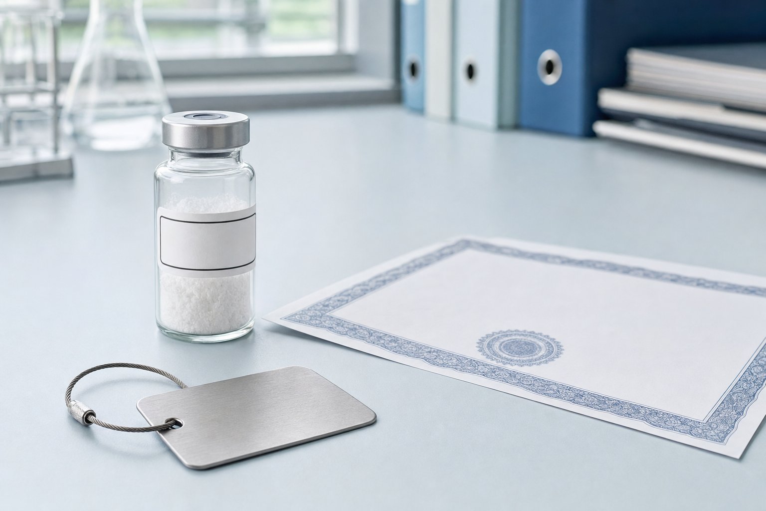 Research vial, blank certificate document, and metal lot tag on a laboratory bench