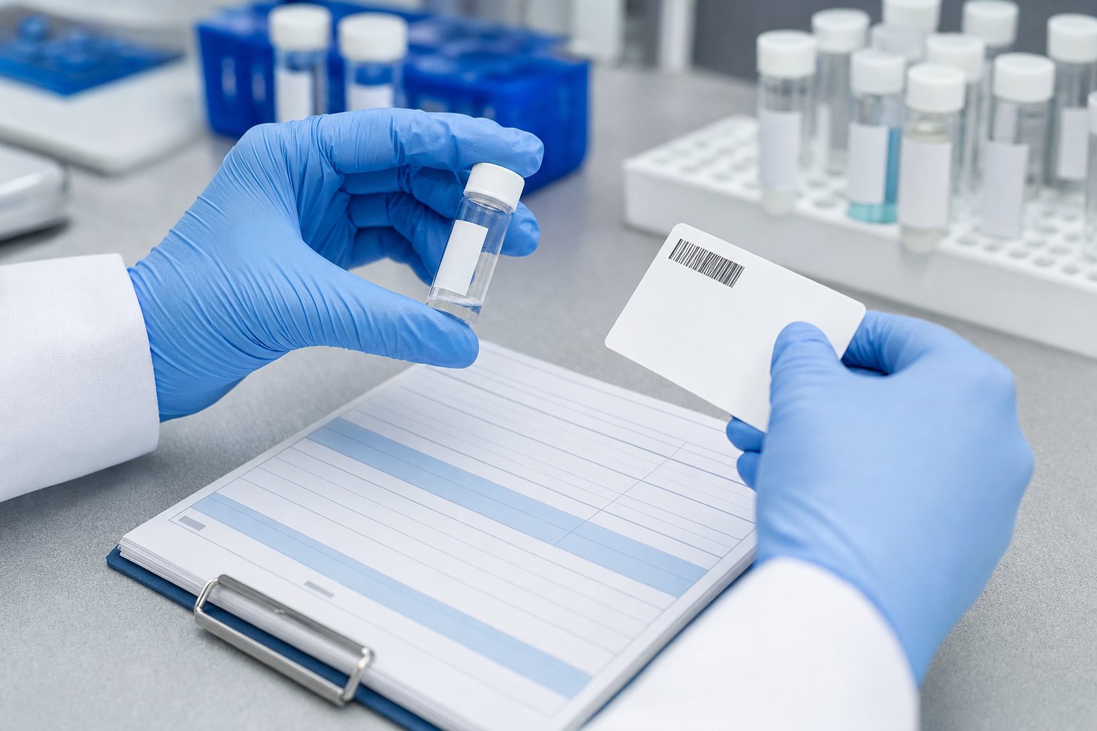 Gloved researcher comparing a laboratory vial with a record card